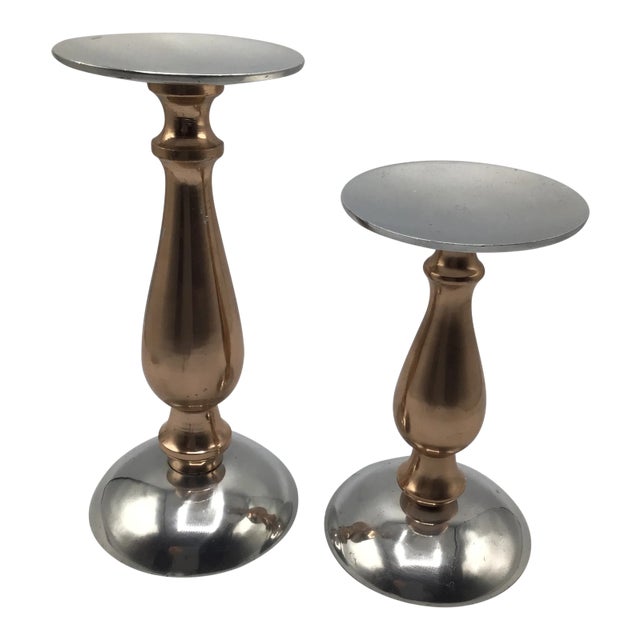 Mid-Century Modern Silver & Rose Gold Anodized Aluminum Pillar Candle Holders - a Pair For Sale