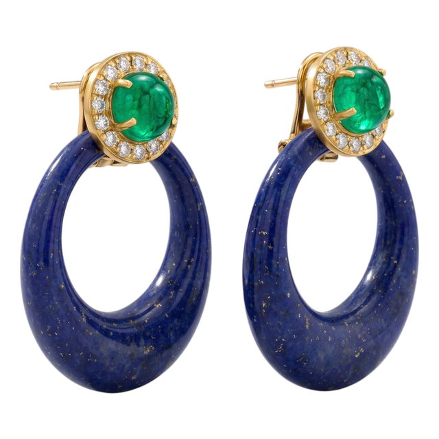 14k Yellow Gold Emerald, Diamond & Lapis Door Knocker Clip-on Earrings, Pair For Sale