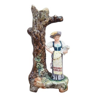 Antique Continental Majolica Figural Spill Vase Pheasant Woman Tree Trunk Figure For Sale