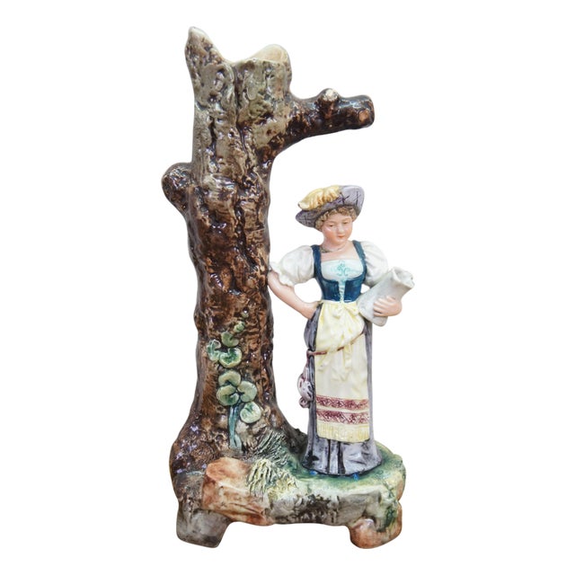 Antique Continental Majolica Figural Spill Vase Pheasant Woman Tree Trunk Figure For Sale