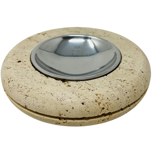 Enzo Mari 1970s Marble Art Italian Travertine & Chrome 8" Centerpiece Ashtray For Sale - Image 4 of 12