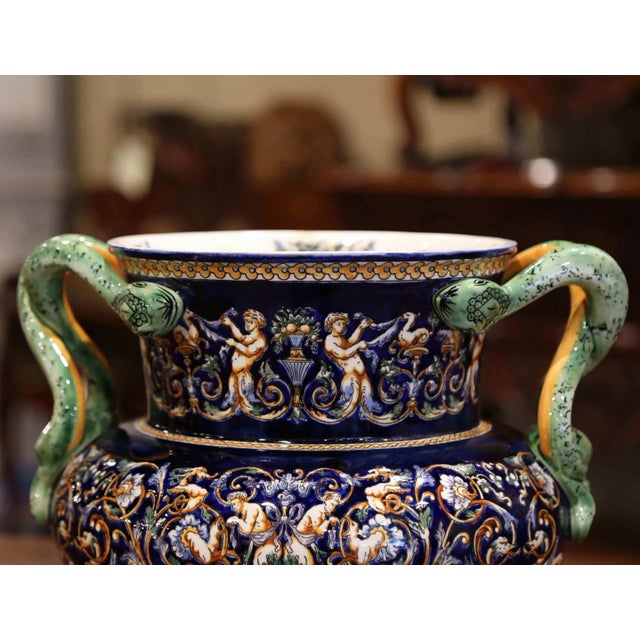 19th Century French Painted Porcelain Cache Pot With Snake Handles From Gien For Sale - Image 4 of 11