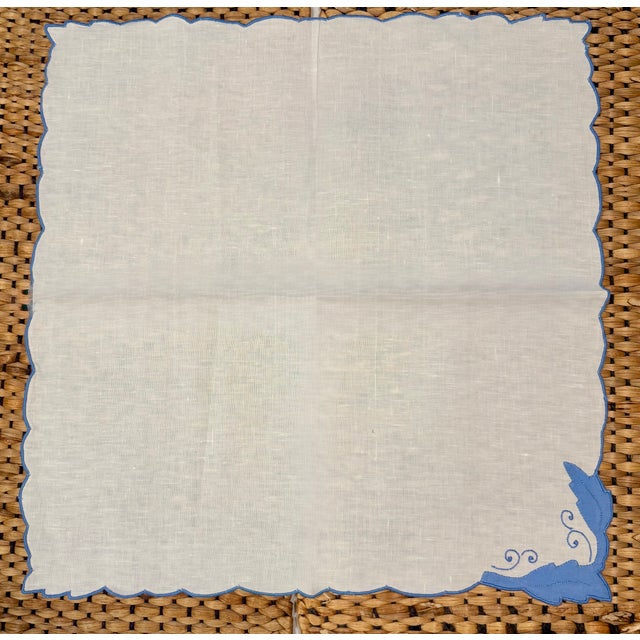 Mid 20th Century Vintage Cornflower Blue Embroidered French Linen Placemat and Dinner Napkin Set- 8 Pieces For Sale - Image 5 of 10