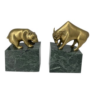 Wall Street Bull and Bear Gold and Marble Bookends For Sale