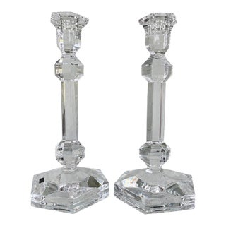 Vintage Val St. Lambert Gardenia Crystal Candlesticks, Pair – Belgian Geometric Art Deco Style For Sale