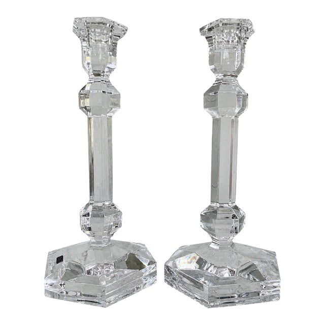 Vintage Val St. Lambert Gardenia Crystal Candlesticks, Pair – Belgian Geometric Art Deco Style For Sale