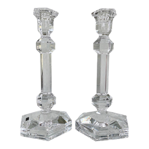 Vintage Val St. Lambert Gardenia Crystal Candlesticks, Pair – Belgian Geometric Art Deco Style