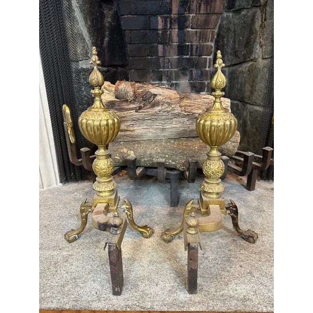 19th Century Antique Chippendale Style Gilt Bronze Andirons—A Pair For Sale - Image 5 of 9