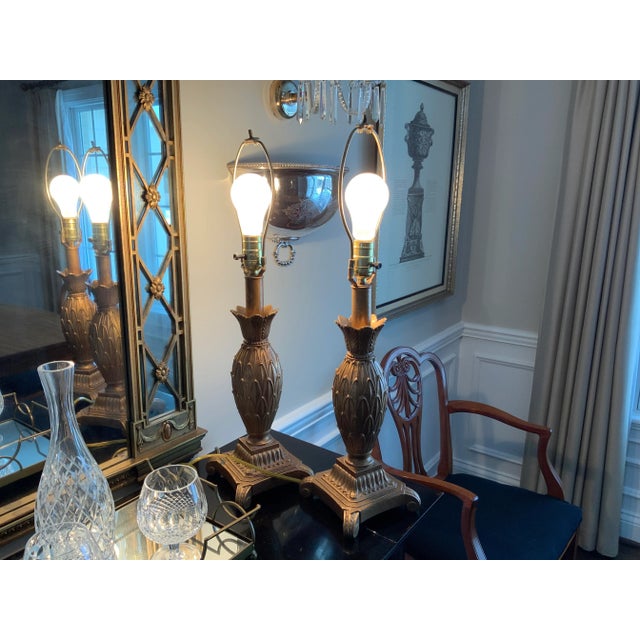 Michael Berman 1980’s French Style Gold Tone Wrought Iron Metal Table Lamps - a Pair For Sale - Image 4 of 11