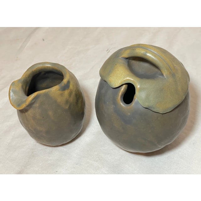 Antique Signed Japanese 3 Piece Studio Green Pottery Teapot Set Sugar Creamer For Sale - Image 14 of 18