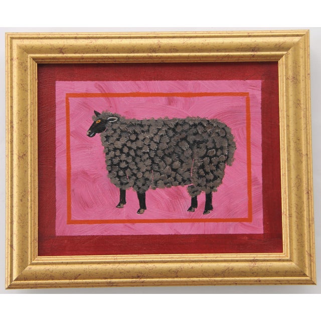 Black Suffolk Sheep on muted mauve, burgundy border with a hint of burnt orange in the border. Americana, Impressionism,...