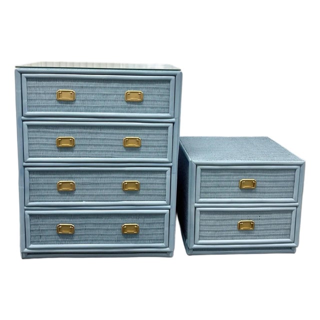 Coastal Chic Rattan Wicker Dresser & Nightstand Set For Sale