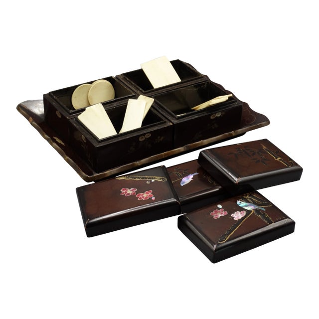 English / Chinese Export Papier Mache Games Box & Contents For Sale