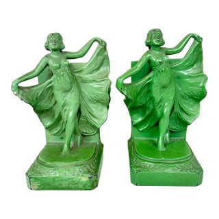 Antique 1920’s Cast Iron Bookends Depicting “Loie Fuller”-a Pair For Sale