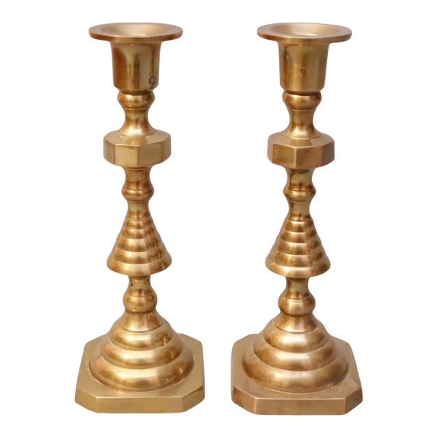 Brass Beehive Candlestick Holders, a Pair For Sale