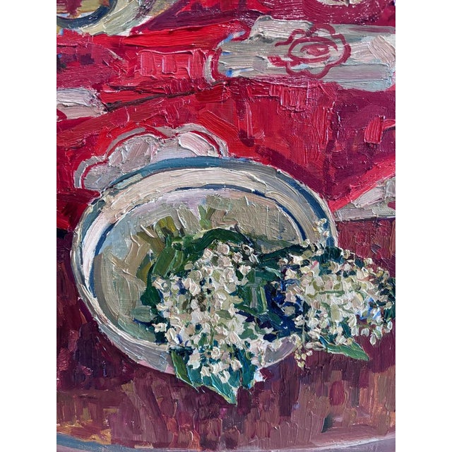Maya Kopitzeva, Still Life with Lilies of the Valley and a Red Tablecloth, 1979, Oil on Canvas For Sale - Image 7 of 11