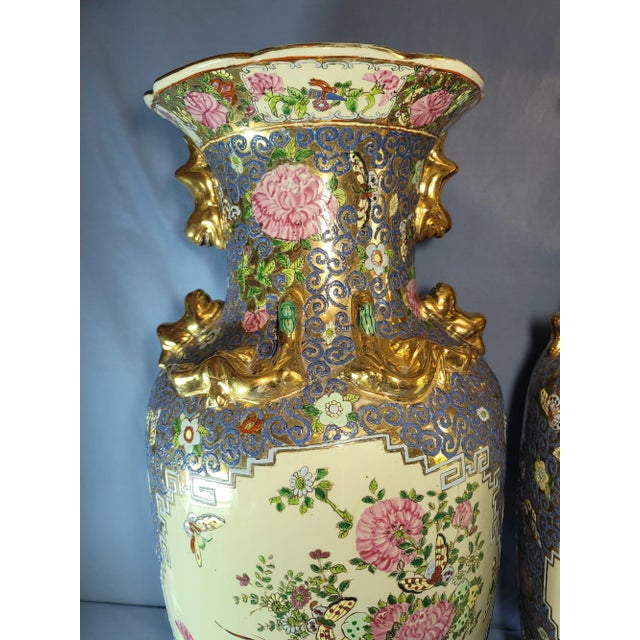 Chinese Antique Late 19th Century Hand Painted China Guangcai Gilt Floral Porcelain Sleeve Vessels - a Pair For Sale - Image 3 of 13