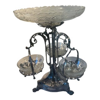Vintage Silver Metal and Crystal Epergne For Sale