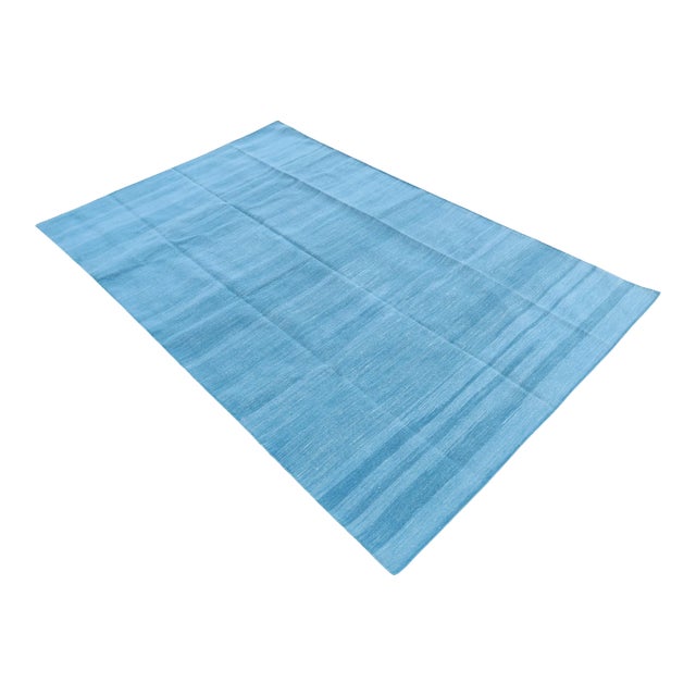 Handmade Cotton Vegetable Dyed Reversible Solid Sky Blue Rug Dhurrie - 6'x9' For Sale