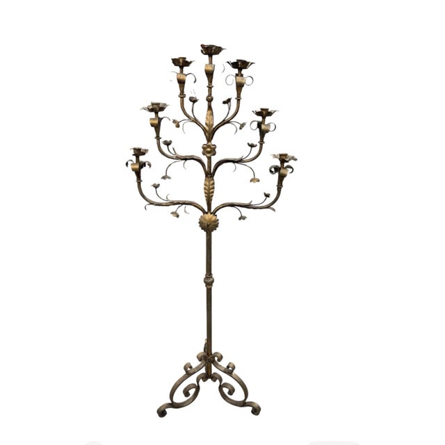 Vintage Florentine Style Gilt Wrought Iron Floor Candelabra For Sale In West Palm - Image 6 of 12