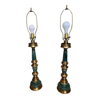 Vintage Mid Century Modern Green Marble and Brass Table Lamp Pair For Sale