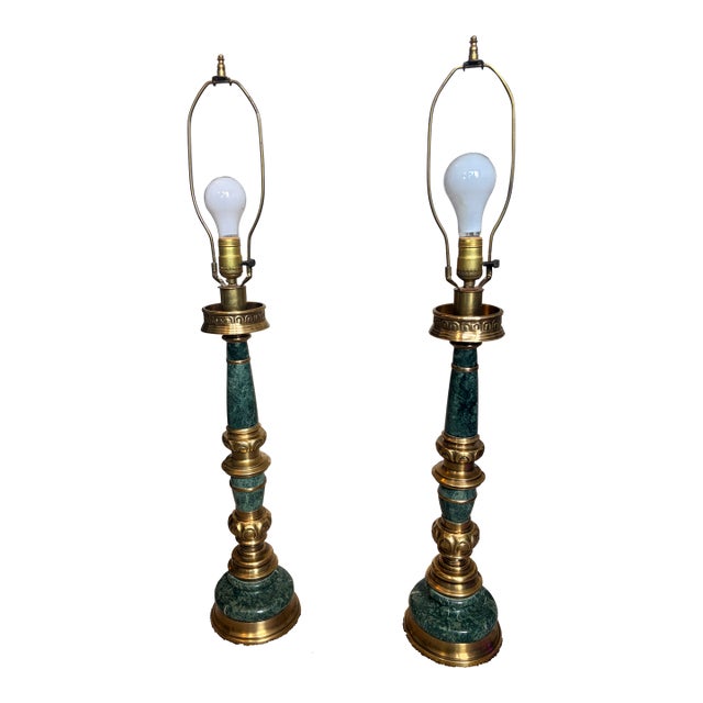 Vintage Mid Century Modern Green Marble and Brass Table Lamp Pair For Sale