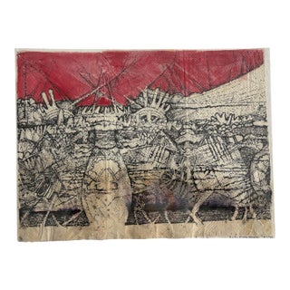 1990’s Ruth Esserman Abstract Landscape Mixed Media on Paper, Red & Black For Sale