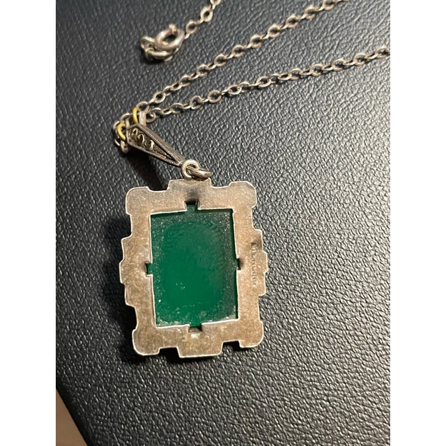 Green 1920s Art Deco Silver Chrysoprase Marcasite Necklace For Sale - Image 8 of 9