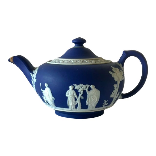 Antique Cobalt Blue Jasperware Wedgwood Teapot With Kintsugi Repair For Sale