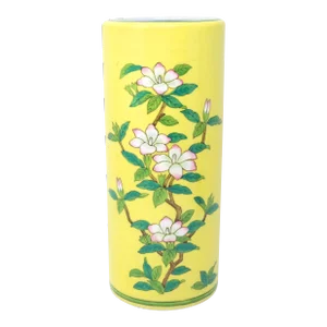 Vintage Yellow Floral Chinoiserie Ceramic Hat Stand or Vase