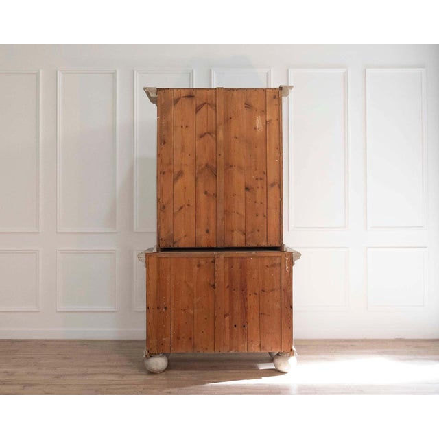 Tall Swedish cabinet in soft grey, two-piece, early‑mid 19th century For Sale - Image 11 of 11