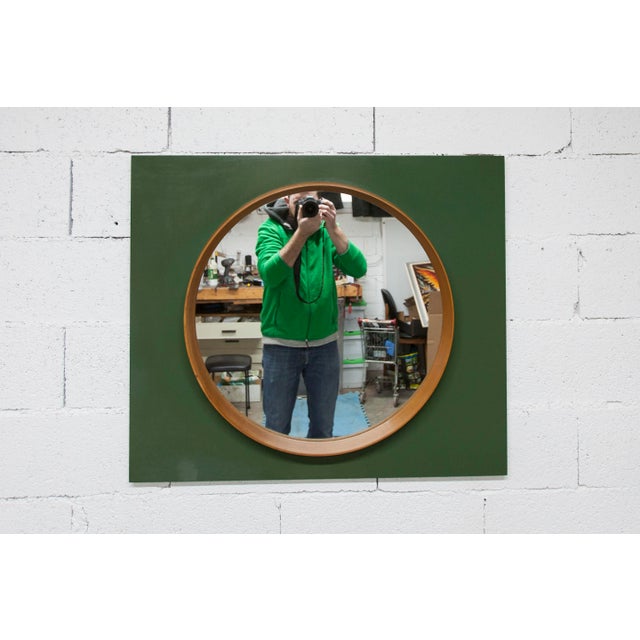 Round Teak Wall Mirror on Green Rectangular Board, 1960s For Sale - Image 10 of 18