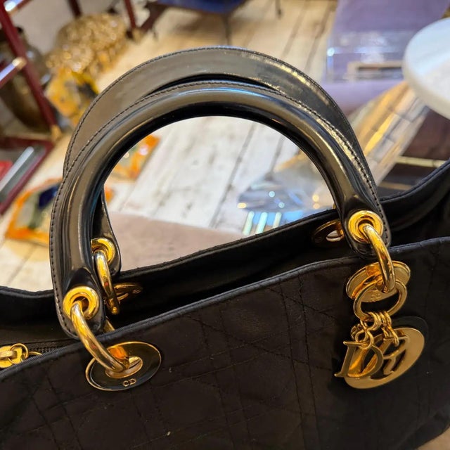 Contemporary 21st Century Black Fabric and Leather Large Lady Dior Bag by Christian Dior For Sale - Image 3 of 18