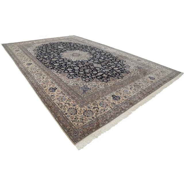 Traditional Navy Blue Fine Hand Knotted Persian Silk & Wool Rug For Sale - Image 3 of 4