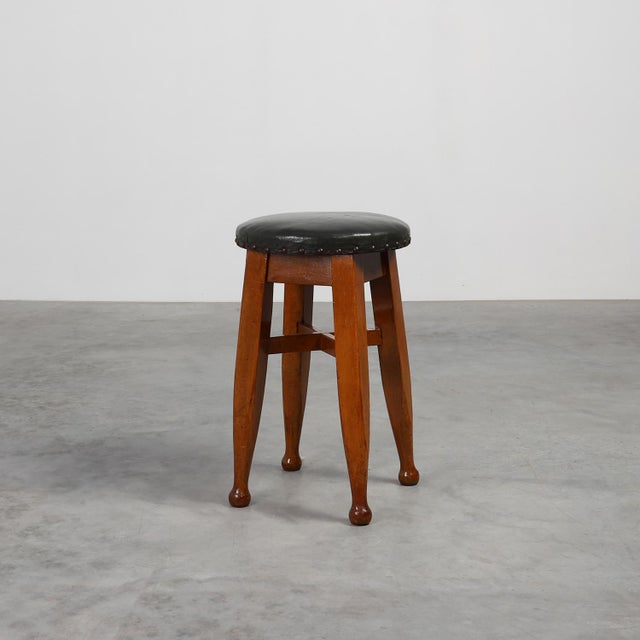 Early Art Deco Arts & Crafts Oak & Leather Stool, France, 1920s For Sale - Image 11 of 11