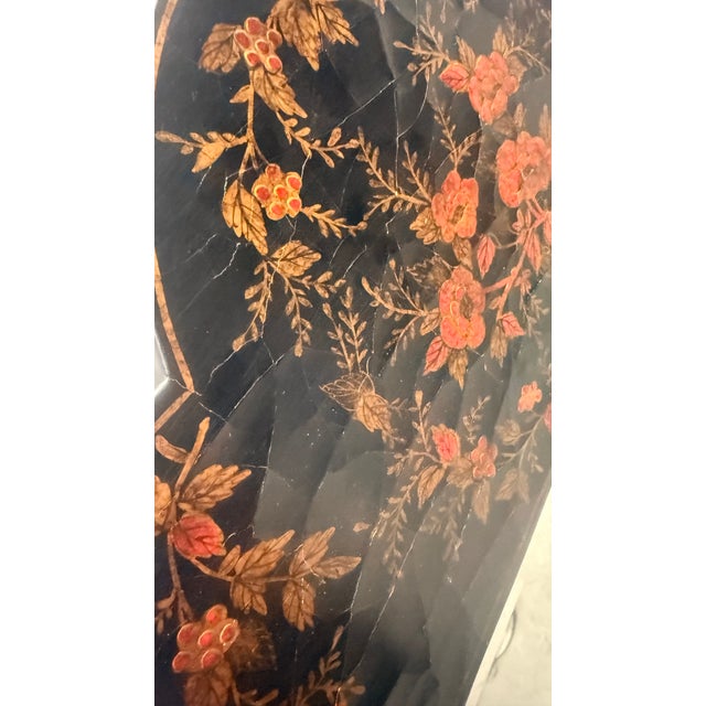 Vintage Chinoiserie Style Black Lacquer Hand-Painted Floral Mirror For Sale - Image 9 of 12