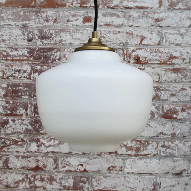 Metal Mid-Century Matte White Opaline Glass Pendant Lamp with Brass Top For Sale - Image 7 of 11