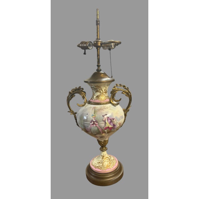 Cream Antique French Sevres Style Porcelain Table Lamp Hand Painted Signed Marius For Sale - Image 8 of 11
