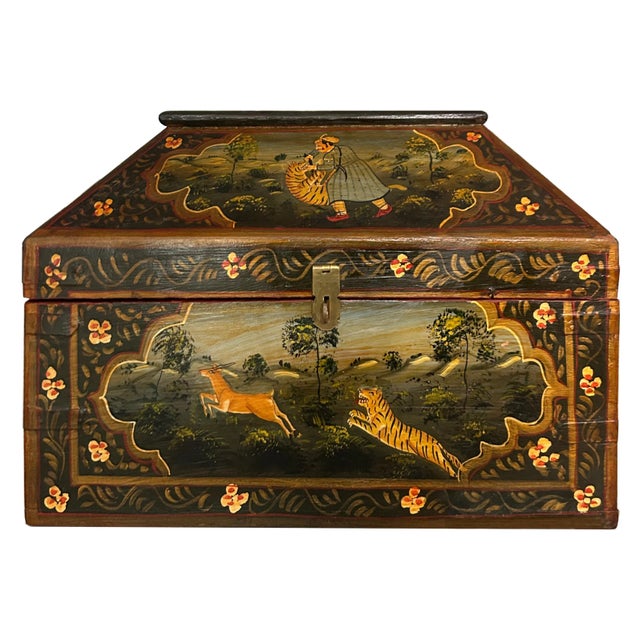 Description A rare find: this early 20th-century Anglo-Indian lacquered box is hand-painted with vivid hunting...