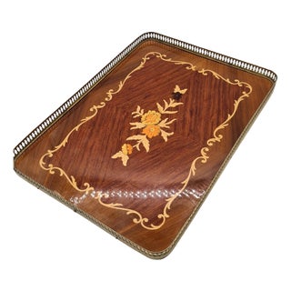 Large Neoclassical Hollywood Regency Inlaid Wooden Tray with Brass Gallery, 1960s-1970s For Sale