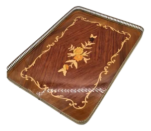Large Neoclassical Hollywood Regency Inlaid Wooden Tray with Brass Gallery, 1960s-1970s