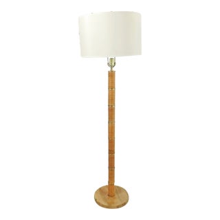 Vintage Mid Century Rattan & Brass Wrapped Column Floor Lamp For Sale