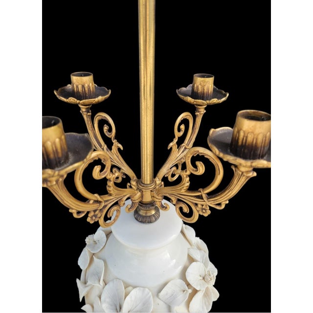 Vintage Huge Marbro Style Porcelain Urn Candleabra Style Raised Leaf Brass Table Lamp For Sale - Image 10 of 12