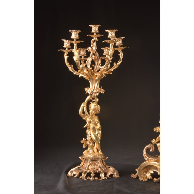 Metal 1840s French Louis XV Ormolu Gold Bronze Mantel Clock Set 3pc For Sale - Image 7 of 16