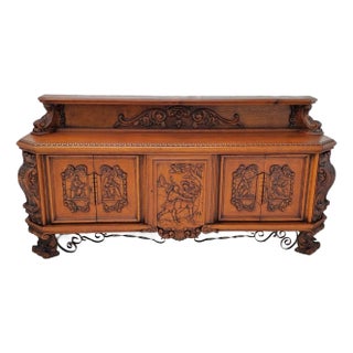 Antique 1900s French Quarter Sawn Oak Buffet – Medieval & Scholarly Carvings For Sale