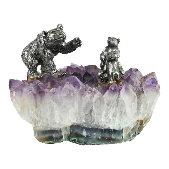 Late 20th Century Mama Bear and 2 Cubs Figurines on Natural Amethyst Quartz Geode Stone For Sale