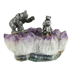 Late 20th Century Mama Bear and 2 Cubs Figurines on Natural Amethyst Quartz Geode Stone