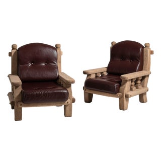 1970s Brutalist Brown Wood Pair of Club Chairs For Sale