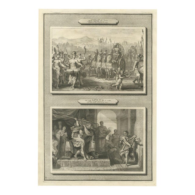 Pieter Mortier, Triumph of David and Saul Hurls His Spear at David, 1700, Engraving For Sale