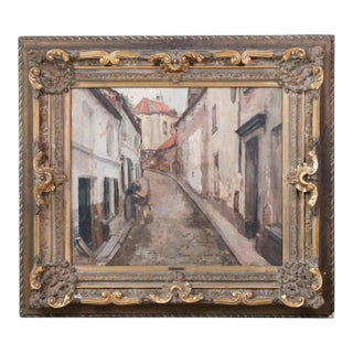19th Century European Old Town Street Scene with Figure, Oil Painting in Ornate Gilt Frame For Sale